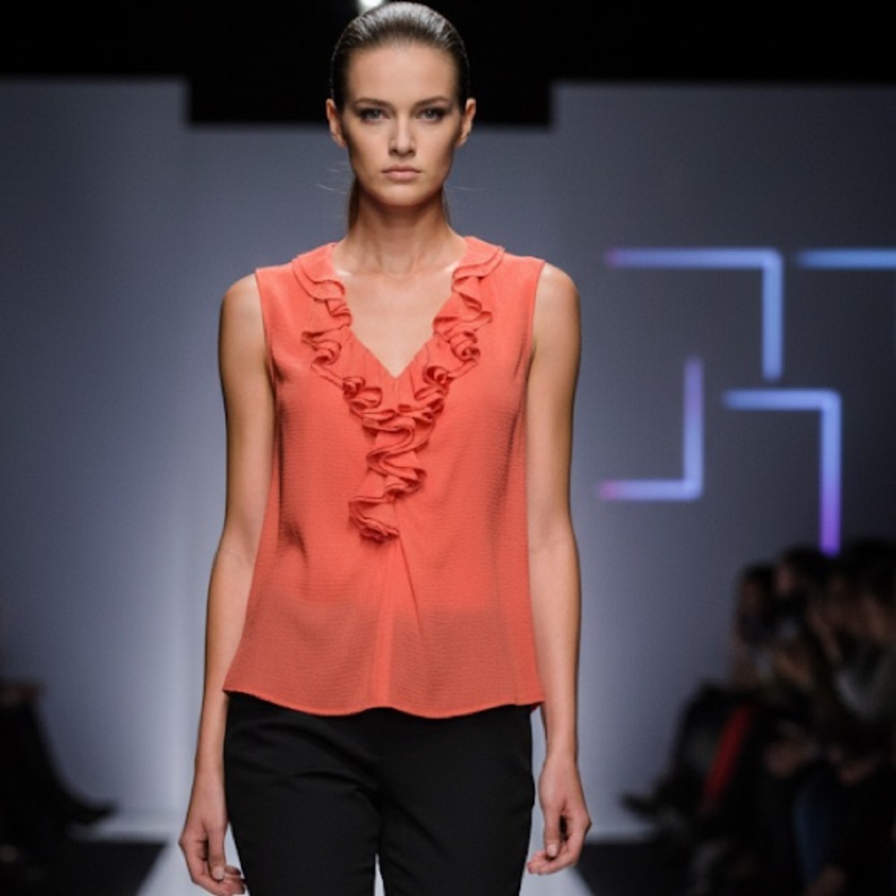 Etro orange v neck ruffle front side zip sleeveless top